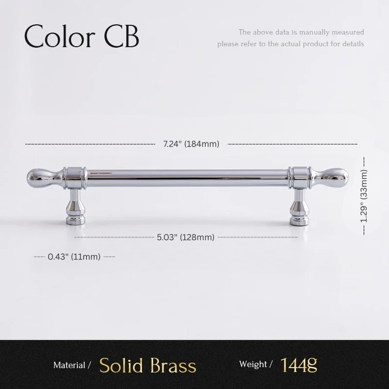 Cabinet handle with dimensions and material details on a white background