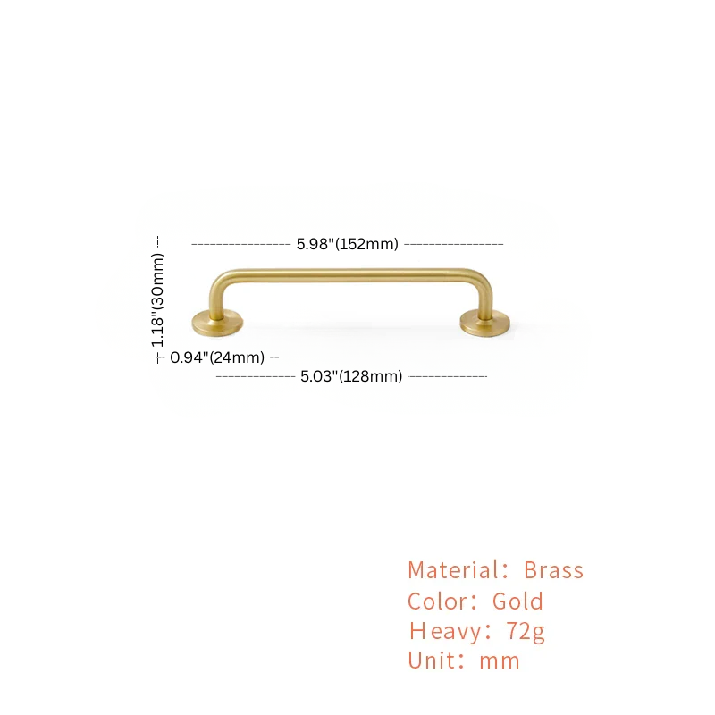 Gold cabinet handle with dimensions and material details on a white background