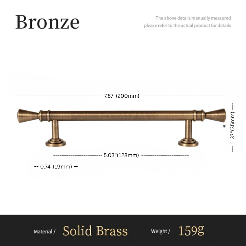 Bronze handle with dimensions and material details on a white background