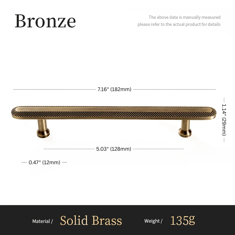 Bronze cabinet handle with measurements on a white background