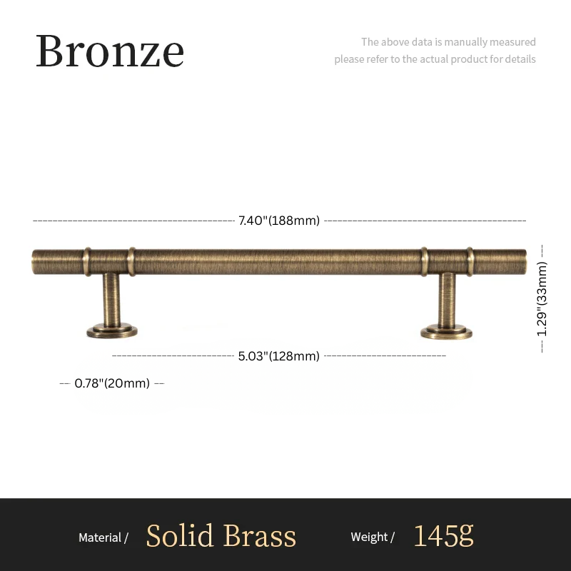 Measurement chart of a bronze cabinet handle with dimensions and material details.