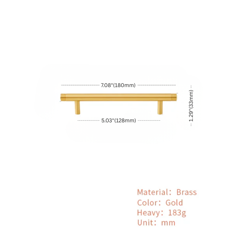 Gold cabinet handle with dimensions and material details on a white background