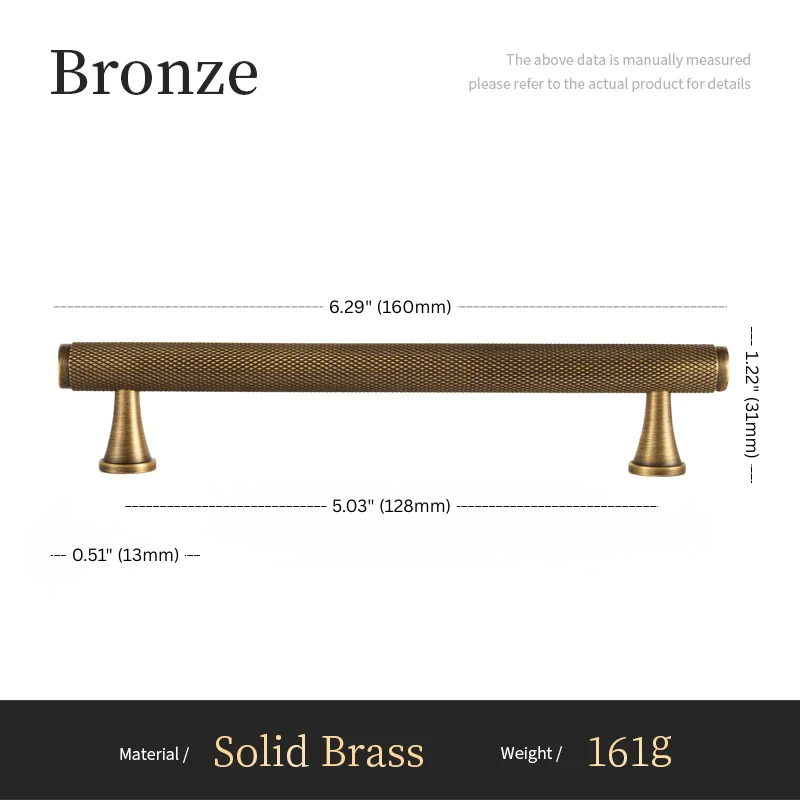 Measurement chart for a bronze cabinet handle with dimensions and material details.