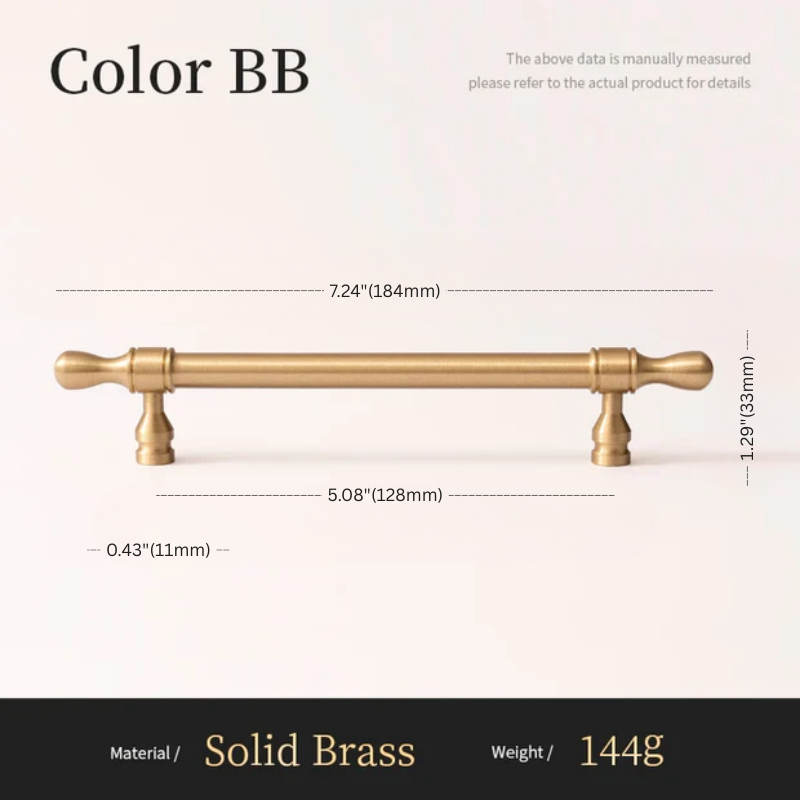 Solid brass cabinet handle with dimensions and material details on a white background