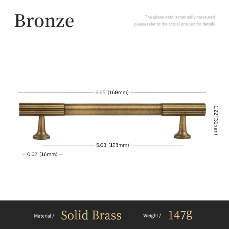 Bronze cabinet handle with dimensions and material details on a white background