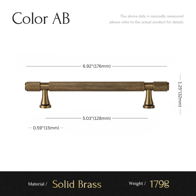 Brass cabinet handle with dimensions and material details on a white background