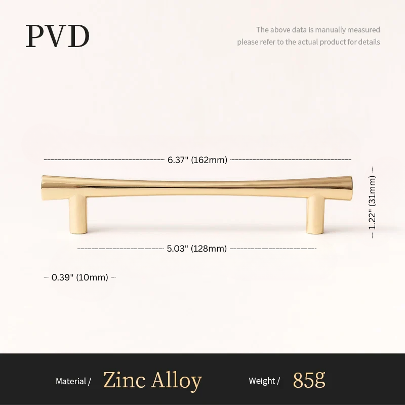 Gold cabinet handle with dimensions and material information on a white background