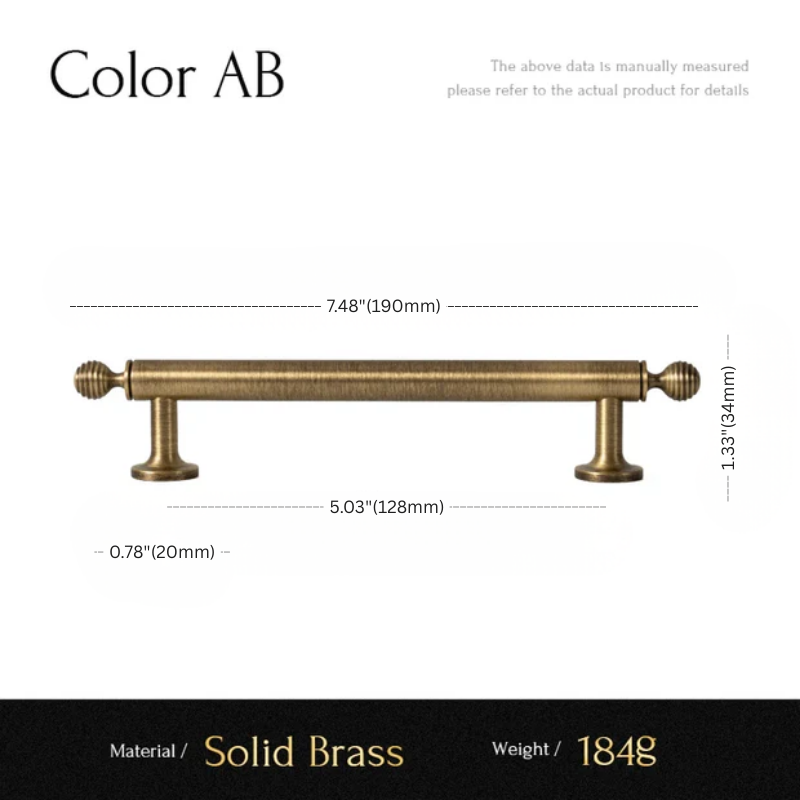 Measurement chart of a solid brass cabinet handle with dimensions and material details.