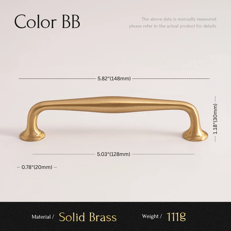 Gold cabinet handle with dimensions and material details on a light background