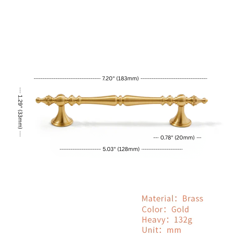 Gold cabinet handle with dimensions and material details on a white background