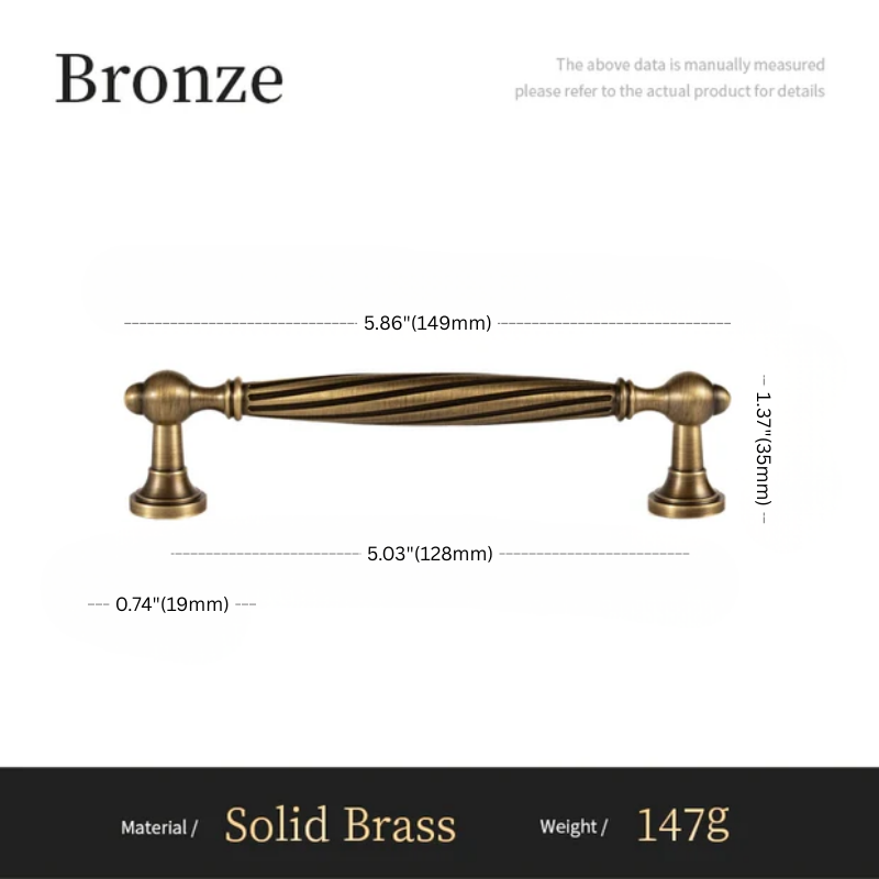 Bronze cabinet handle with dimensions and material details on a white background