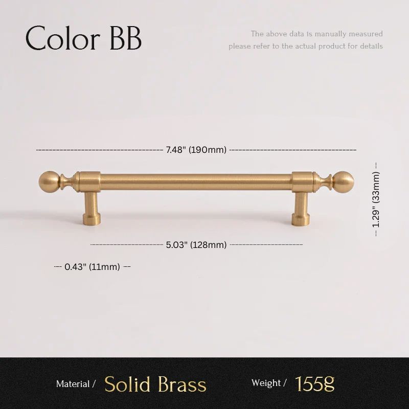 Gold cabinet handle with dimensions and material details on a white background