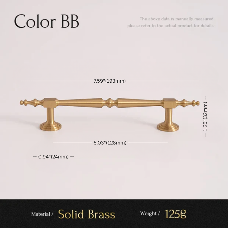 Solid brass handle with dimensions and material details on a white background