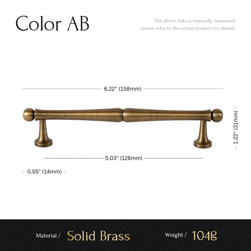 Measurement chart of a solid brass cabinet handle labeled 'Color AB' with dimensions and material details.