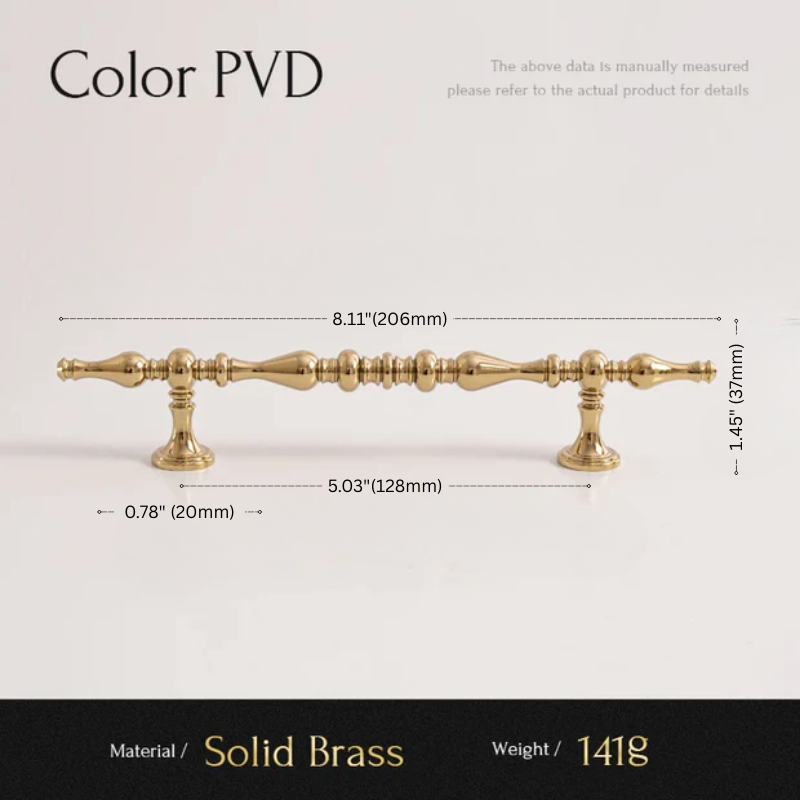 Solid brass cabinet handle with dimensions and material details on a light gray background