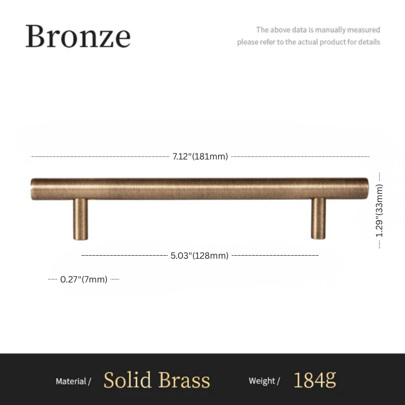 Bronze cabinet handle with dimensions and material details on a white background