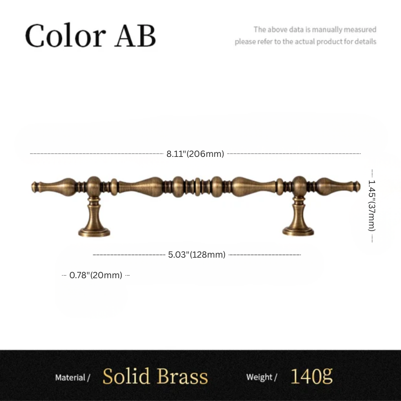Brass cabinet handle with dimensions and material details on a white background