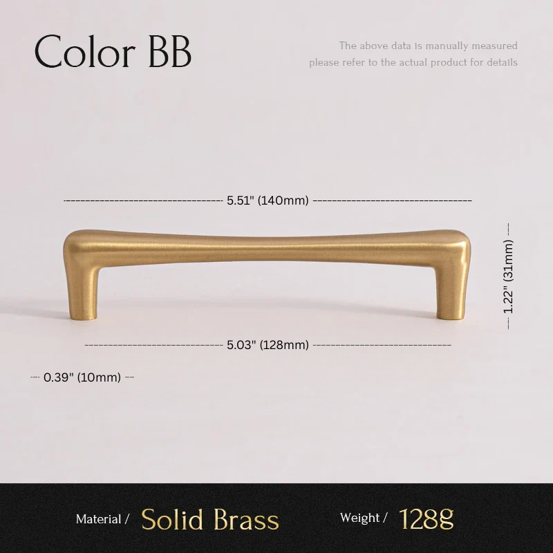 Solid brass handle with dimensions and material details on a light background