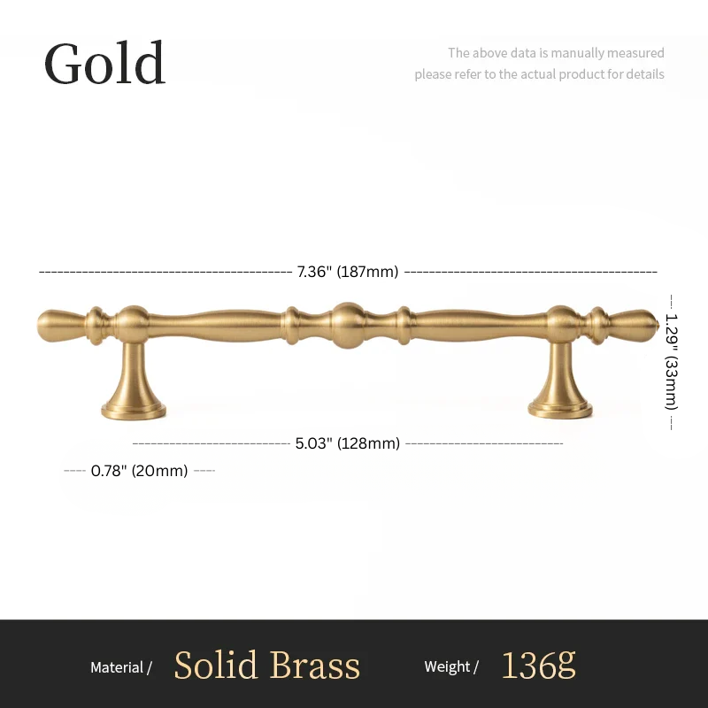 Gold cabinet handle with dimensions and material details on a white background
