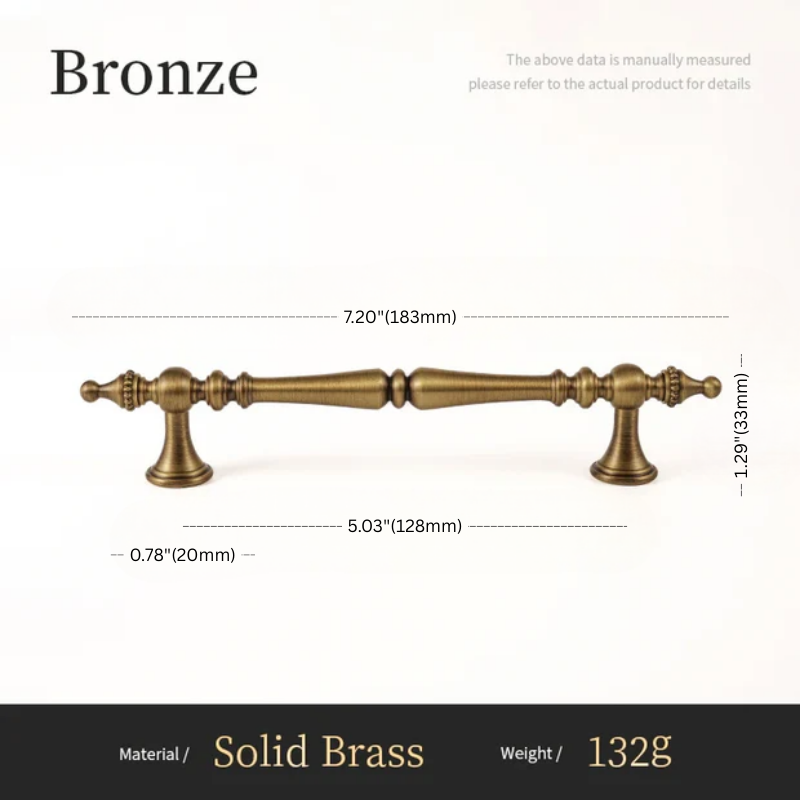 Bronze cabinet handle with dimensions and material details on a white background