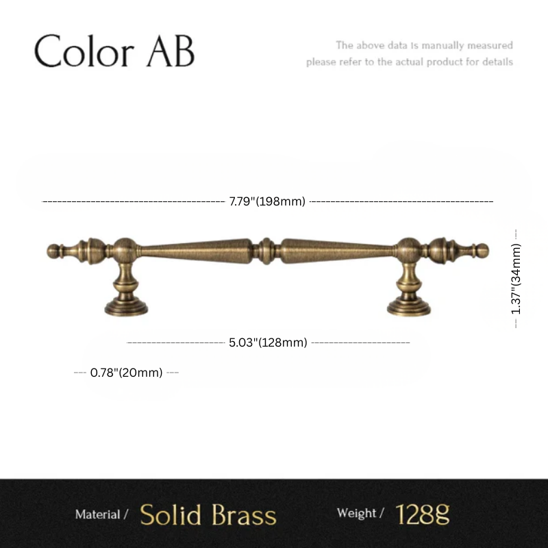 Solid brass handle with dimensions and material details on a white background