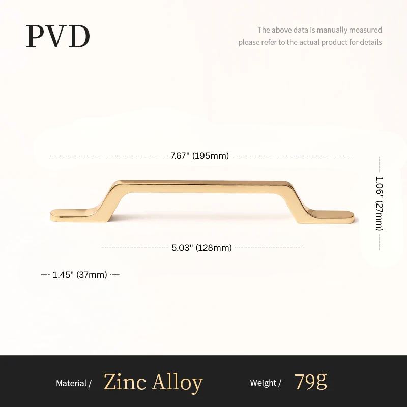 Gold cabinet handle with dimensions and material information on a white background