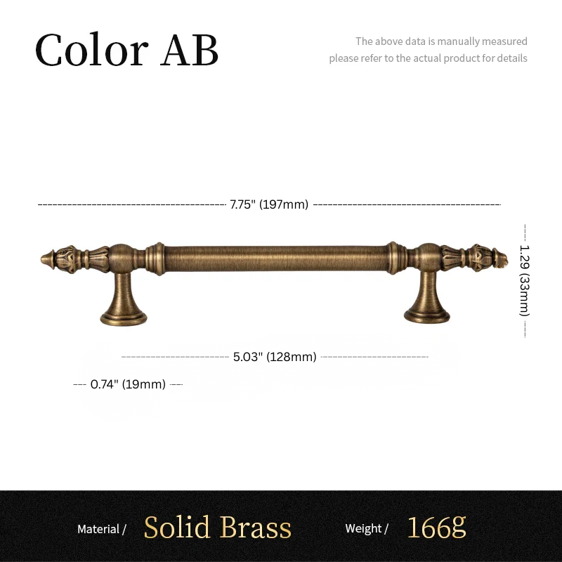 Measurement chart of a solid brass cabinet handle with dimensions and material details.