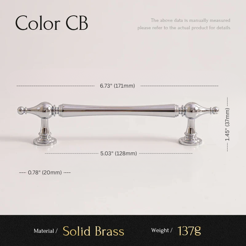 Measurement chart for a solid brass cabinet handle with dimensions and material details.