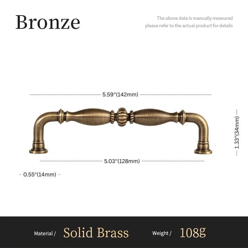 Bronze cabinet handle with dimensions and material details on a white background