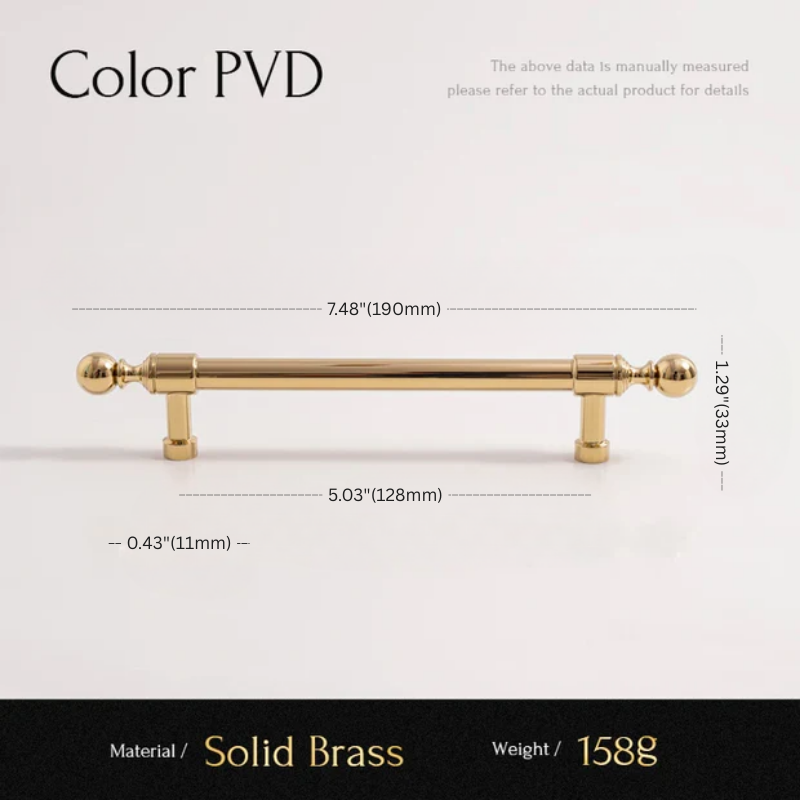 Gold cabinet handle with dimensions and material details on a white background