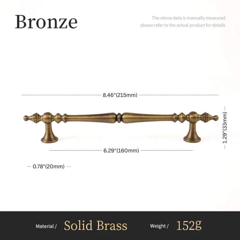 Bronze cabinet handle with dimensions and material details on a white background