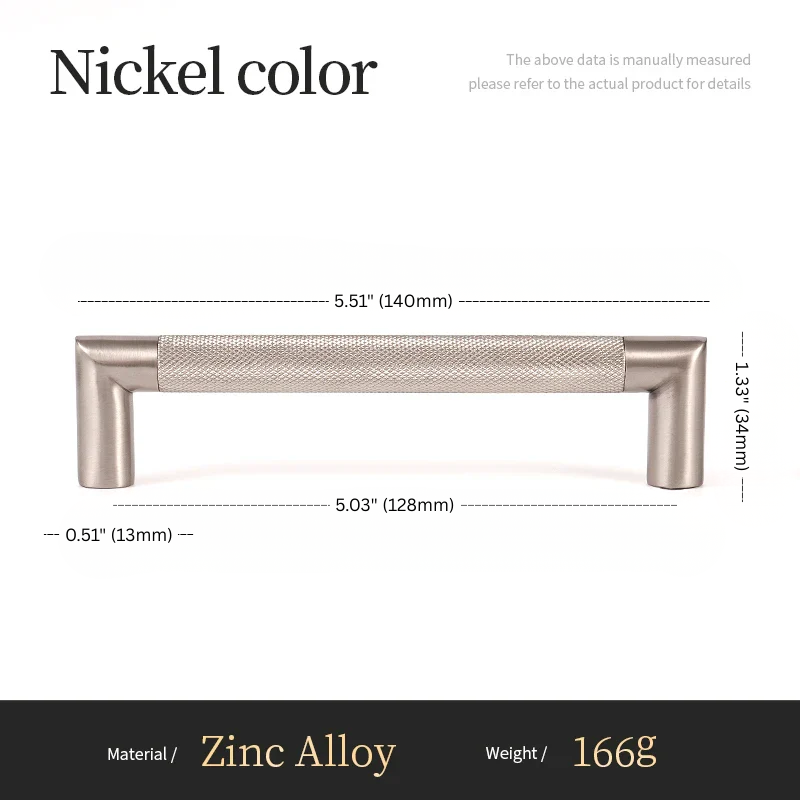 Measurement chart of a nickel-colored cabinet handle with dimensions and material details.