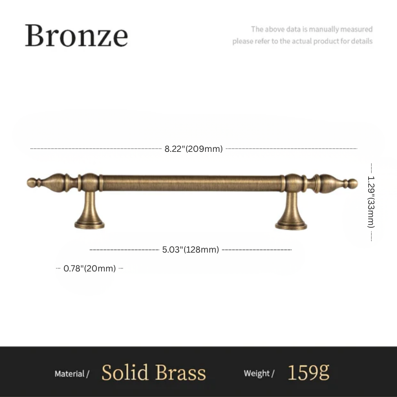 Bronze cabinet handle with dimensions and material details on a white background