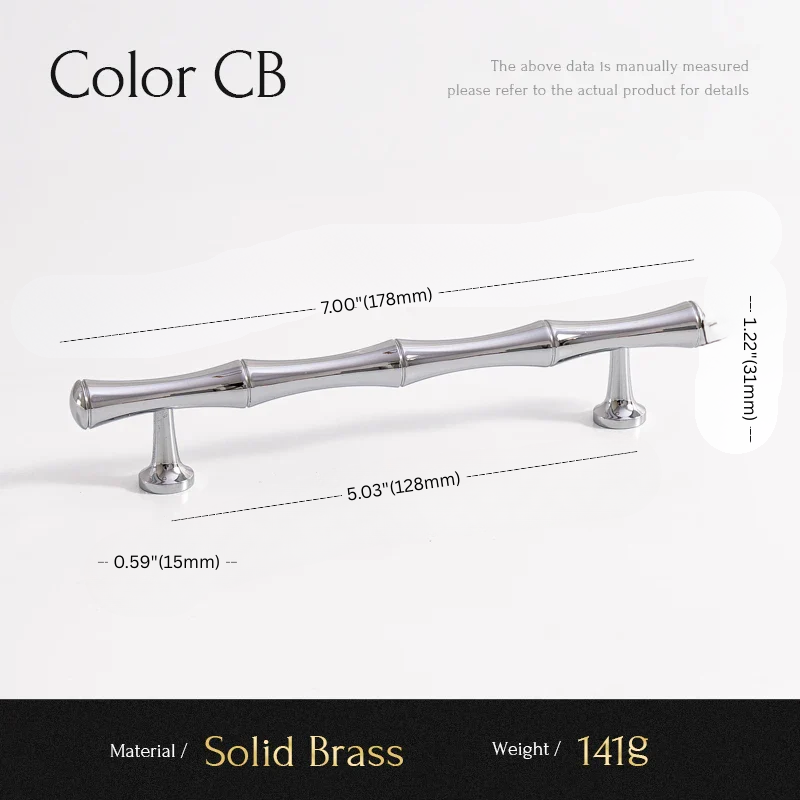 Cabinet handle with dimensions and material details on a white background