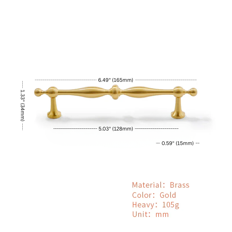 Gold cabinet handle with dimensions and material details on a white background