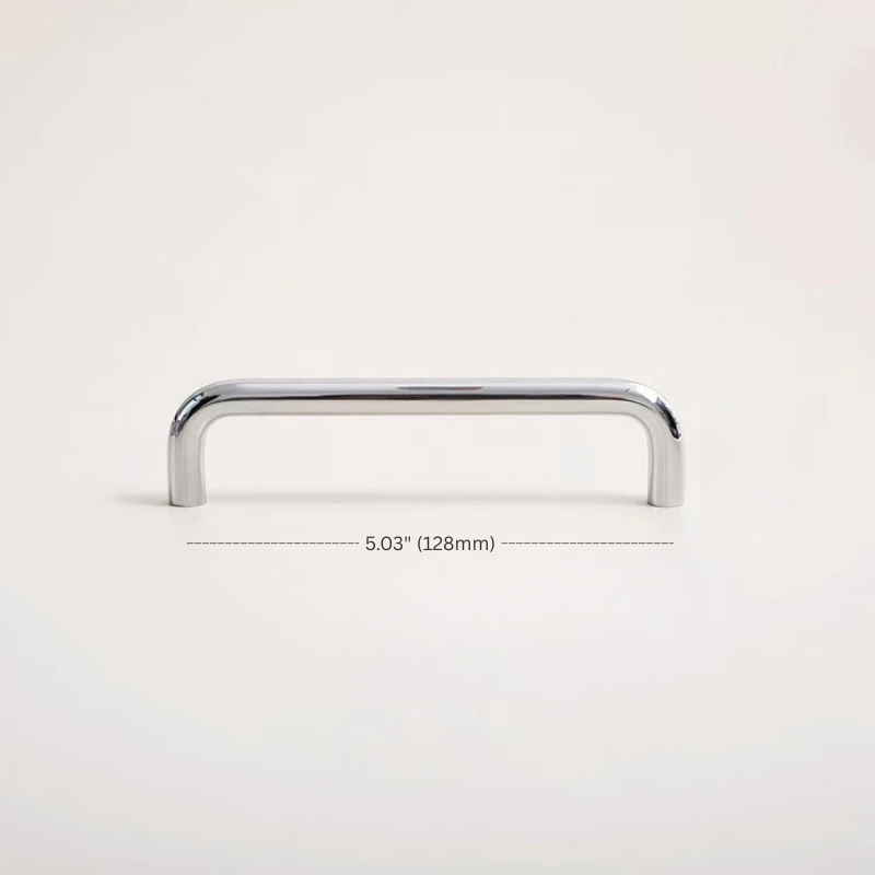 Chrome cabinet handle on a white background with dimensions indicated.