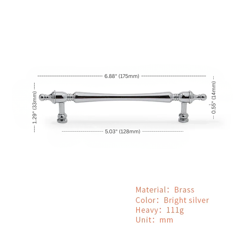 Brass cabinet pull with dimensions on a white background
