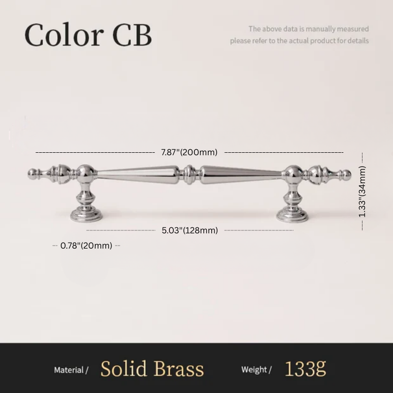 Measurement chart for a solid brass cabinet handle with dimensions and material details.