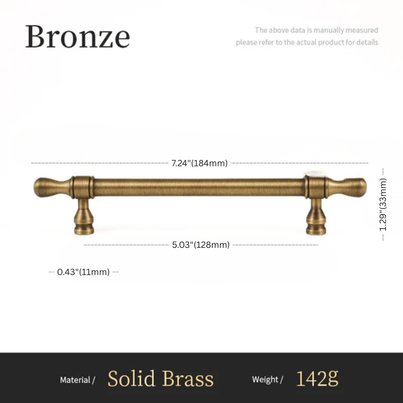 Bronze cabinet handle with dimensions and material details on a white background