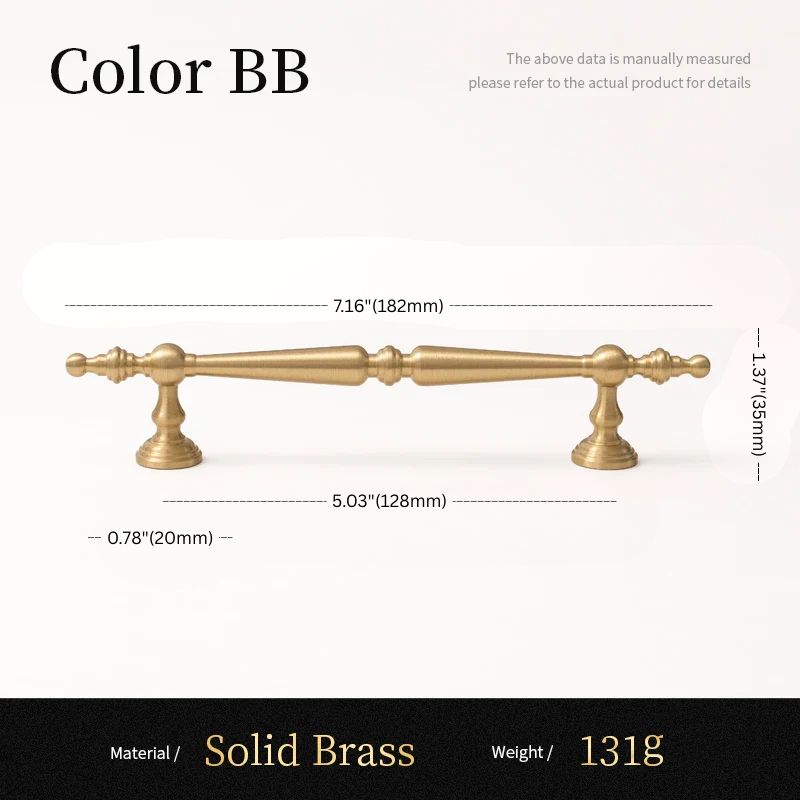 Solid brass handle with measurements on a white background