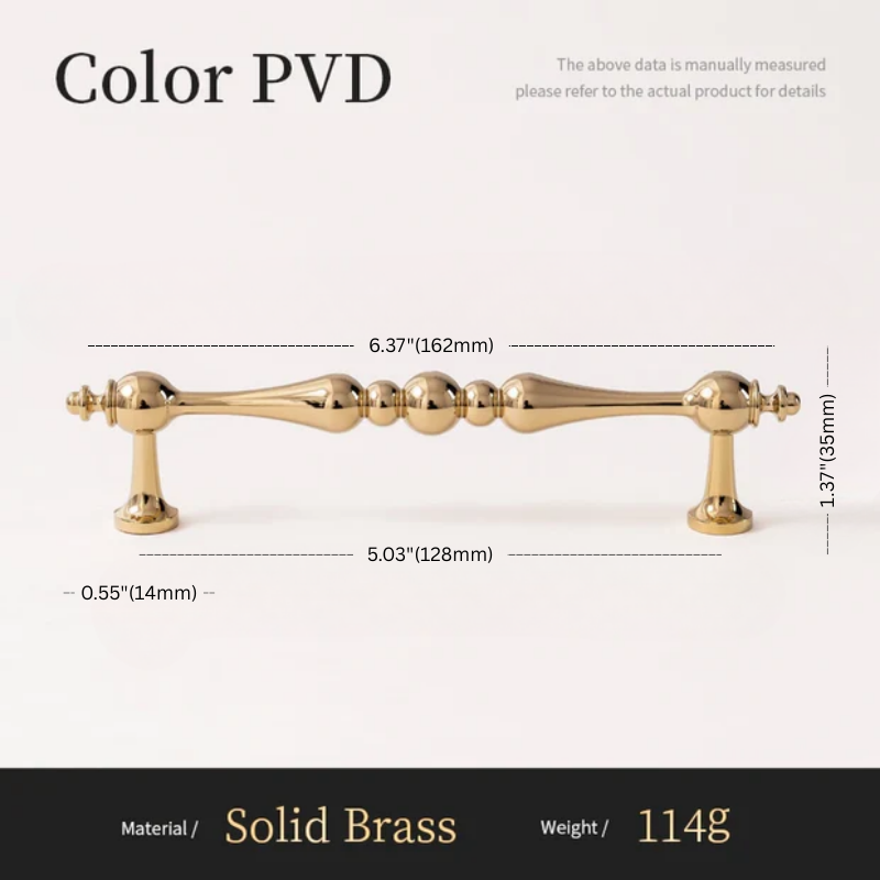 Gold cabinet handle with dimensions and material details on a white background