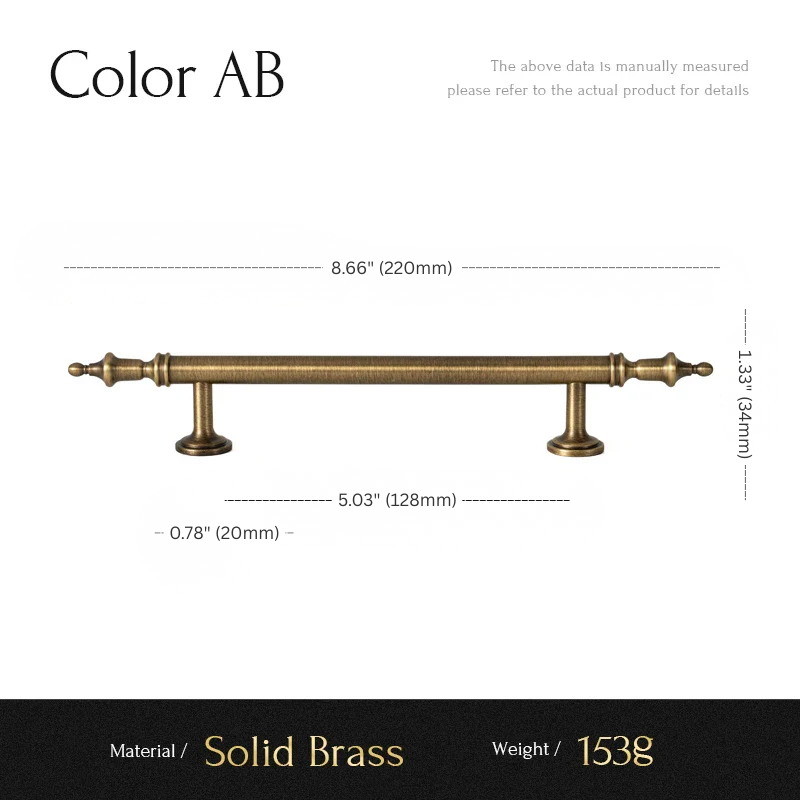 Solid brass pull handle with dimensions and material details on a white background