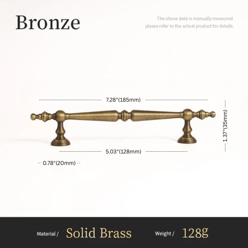 Bronze cabinet handle with dimensions and material details on a white background