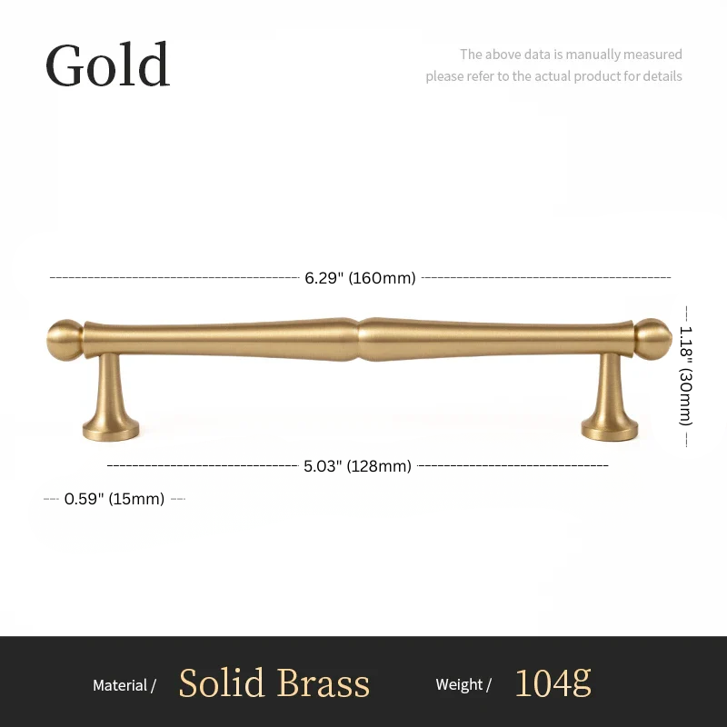Gold cabinet handle with dimensions and material details on a white background