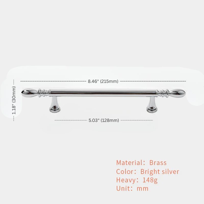 Brass cabinet handle with dimensions and material details on a light gray background