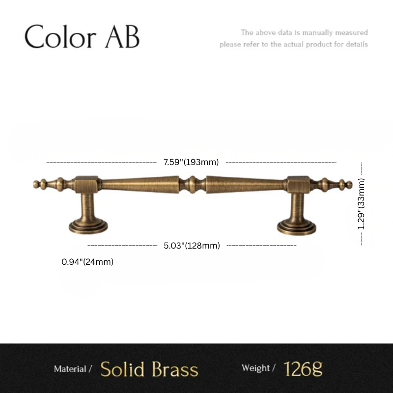 Measurement chart of a solid brass cabinet handle with dimensions and material details.