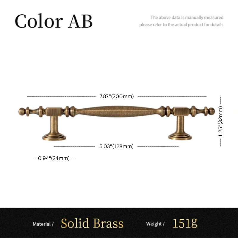 Measurement chart of a solid brass handle with dimensions and material details.