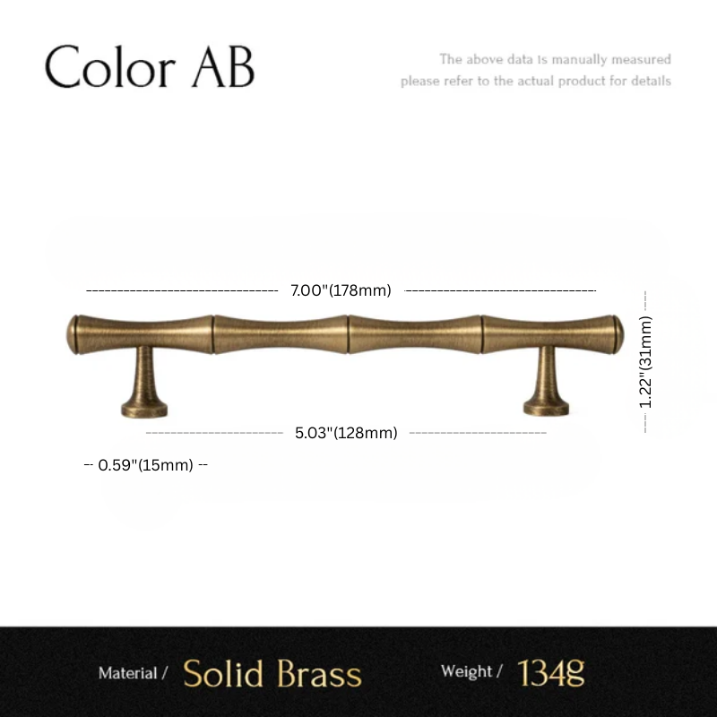 Measurement chart of a solid brass cabinet handle with dimensions and material details.