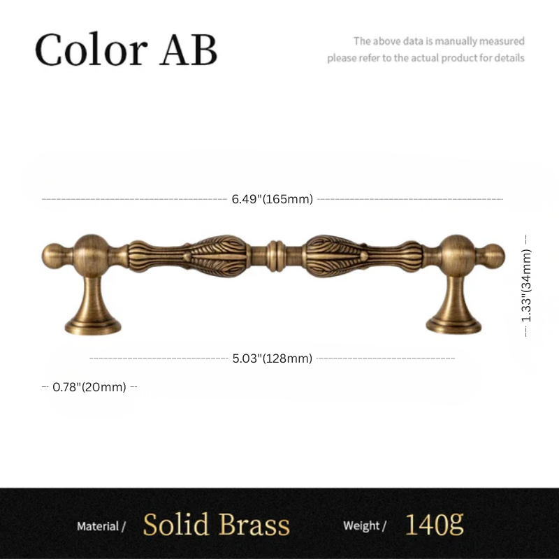 Measurement chart of a solid brass cabinet handle with dimensions and material details.