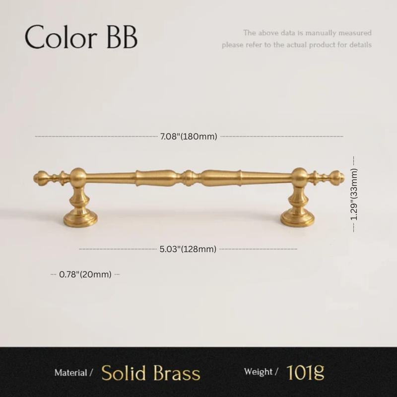 Solid brass cabinet handle with dimensions and material details on a white background